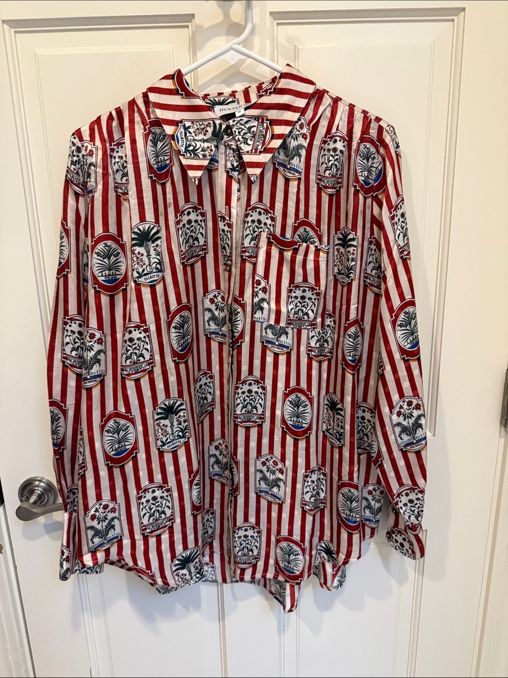 HUNTER BELL Red and Navy Striped Botanical Button-Down Shirt